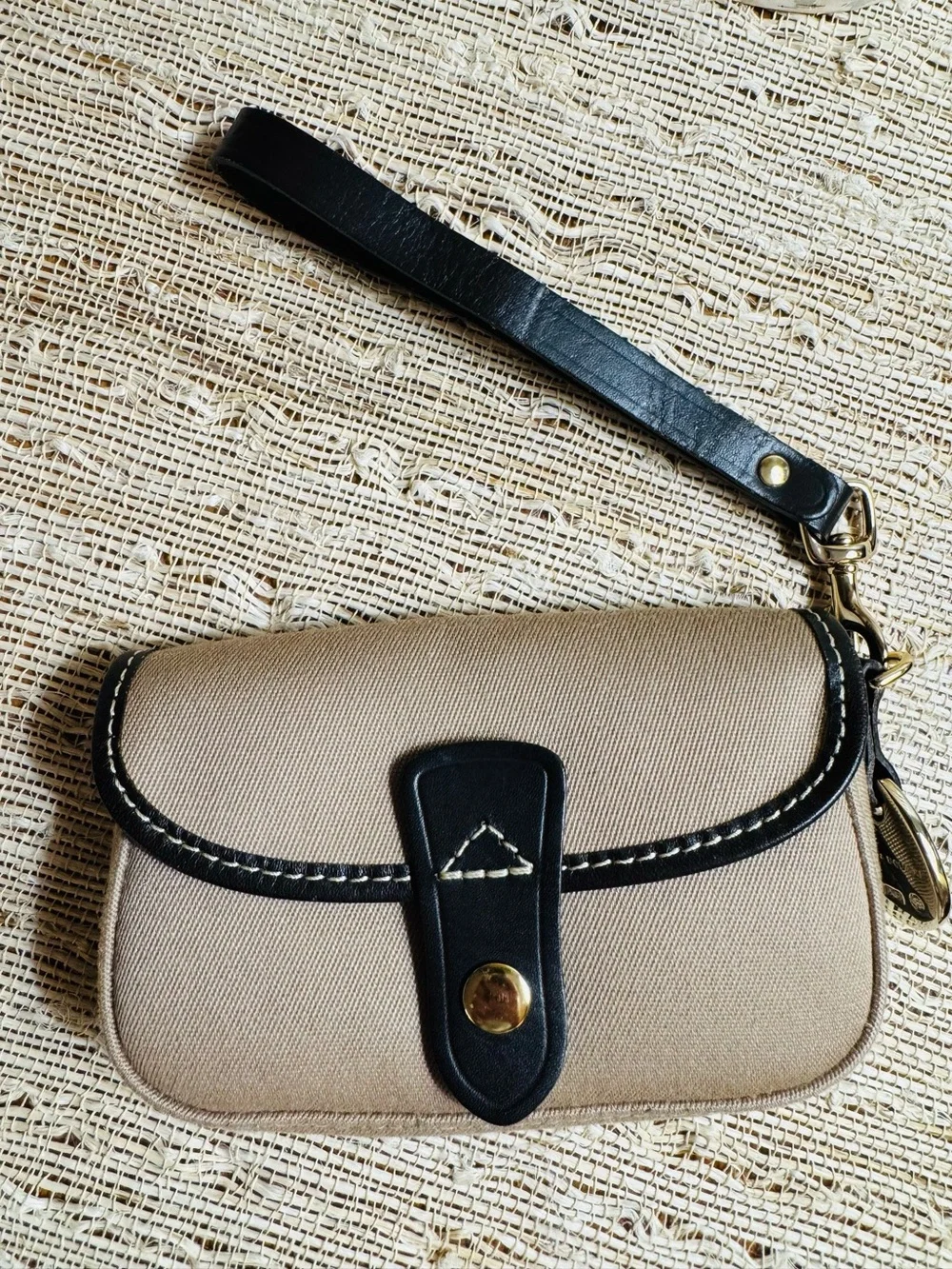 Dooney & Bourke Tan Twill Canvas Flap Wristlet Dark Brown Leather Trim